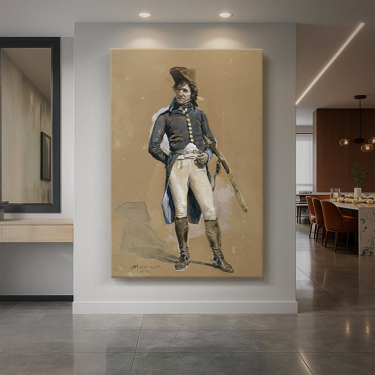 Canvas art print of a realistic portrait of an officer in formal uniform with refined detail displayed as a statement piece in a spacious interior.