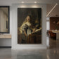 Canvas art print of a Baroque scene of a seated woman in scholarly setting with soft light displayed as a statement piece in a spacious interior.