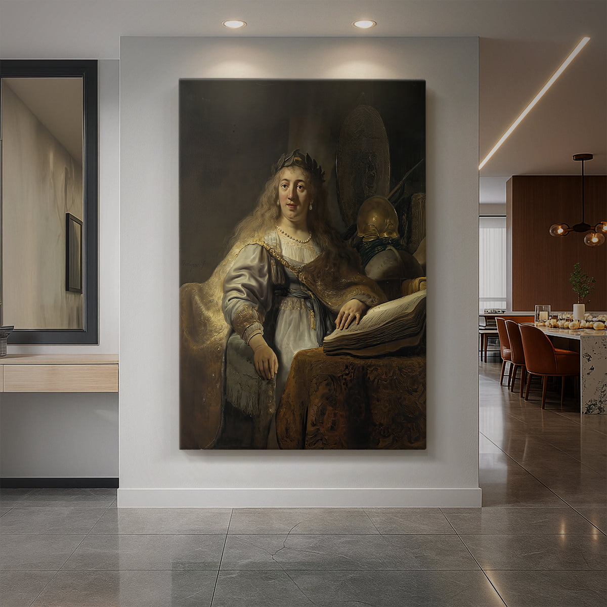 Canvas art print of a Baroque scene of a seated woman in scholarly setting with soft light displayed as a statement piece in a spacious interior.