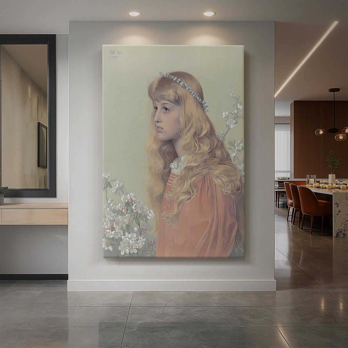 Canvas art print of a Romantic portrait of a young woman with delicate features and soft tones displayed as a statement piece in a spacious interior.