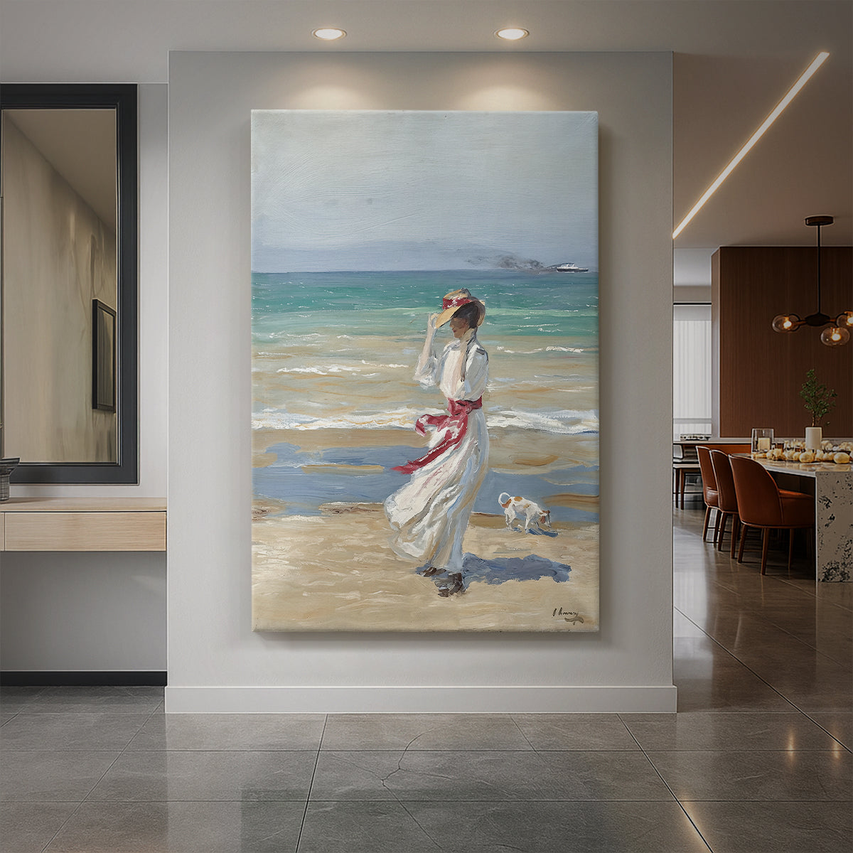Canvas art print of an impressionist beach scene of a woman in flowing dress in strong wind displayed as a statement piece in a spacious interior.