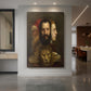 Canvas art print of a Renaissance allegorical portrait with multiple heads and symbolic animals displayed as a statement piece in a spacious interior.