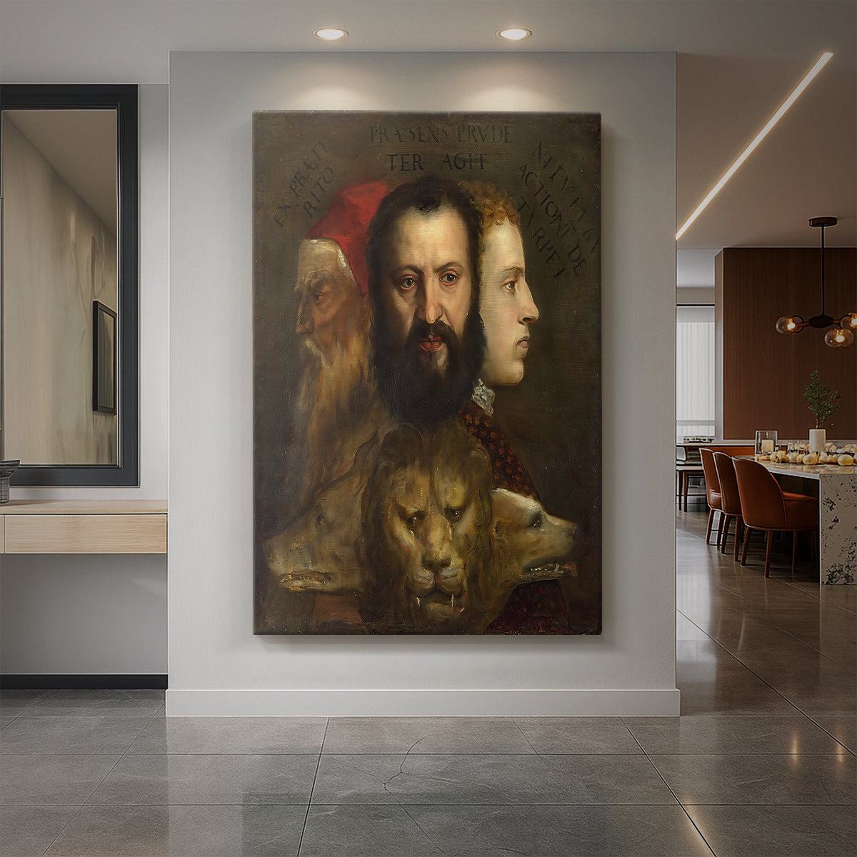 Canvas art print of a Renaissance allegorical portrait with multiple heads and symbolic animals displayed as a statement piece in a spacious interior.