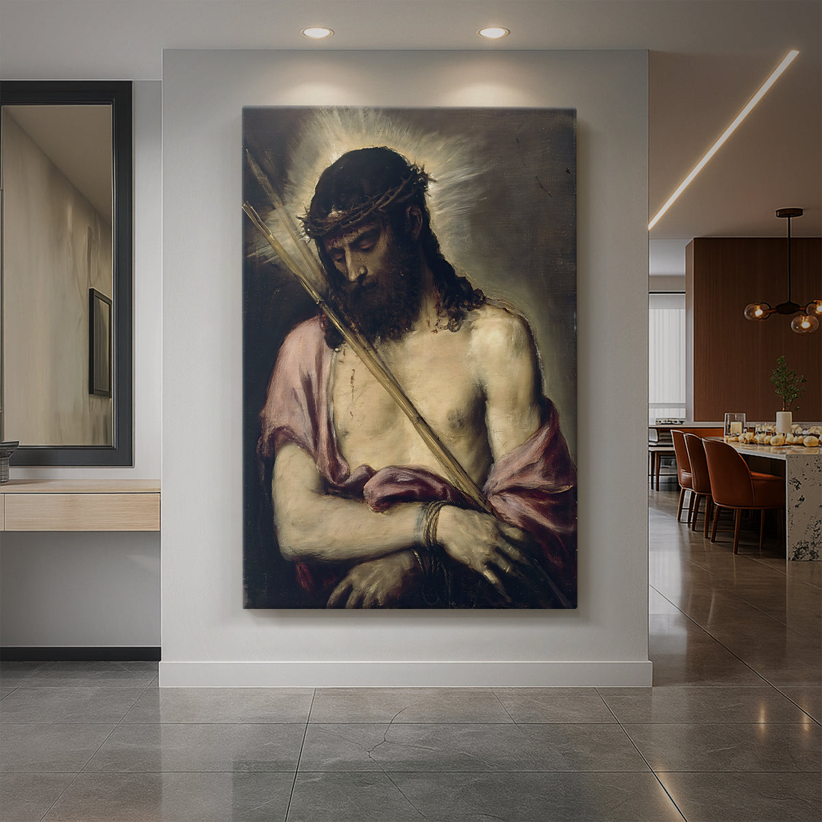 Canvas art print of a Renaissance portrait of Christ with downcast gaze in soft dramatic light displayed as a statement piece in a spacious interior.