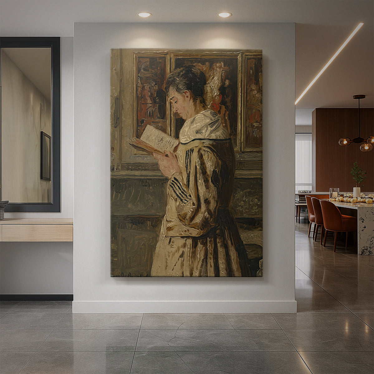 Canvas art print of a realistic interior scene of a woman reading in soft window light displayed as a statement piece in a spacious interior.