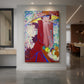 Canvas art print of an expressionist portrait of a seated woman with a large hat in a colorful interior displayed as a statement piece in a spacious interior.