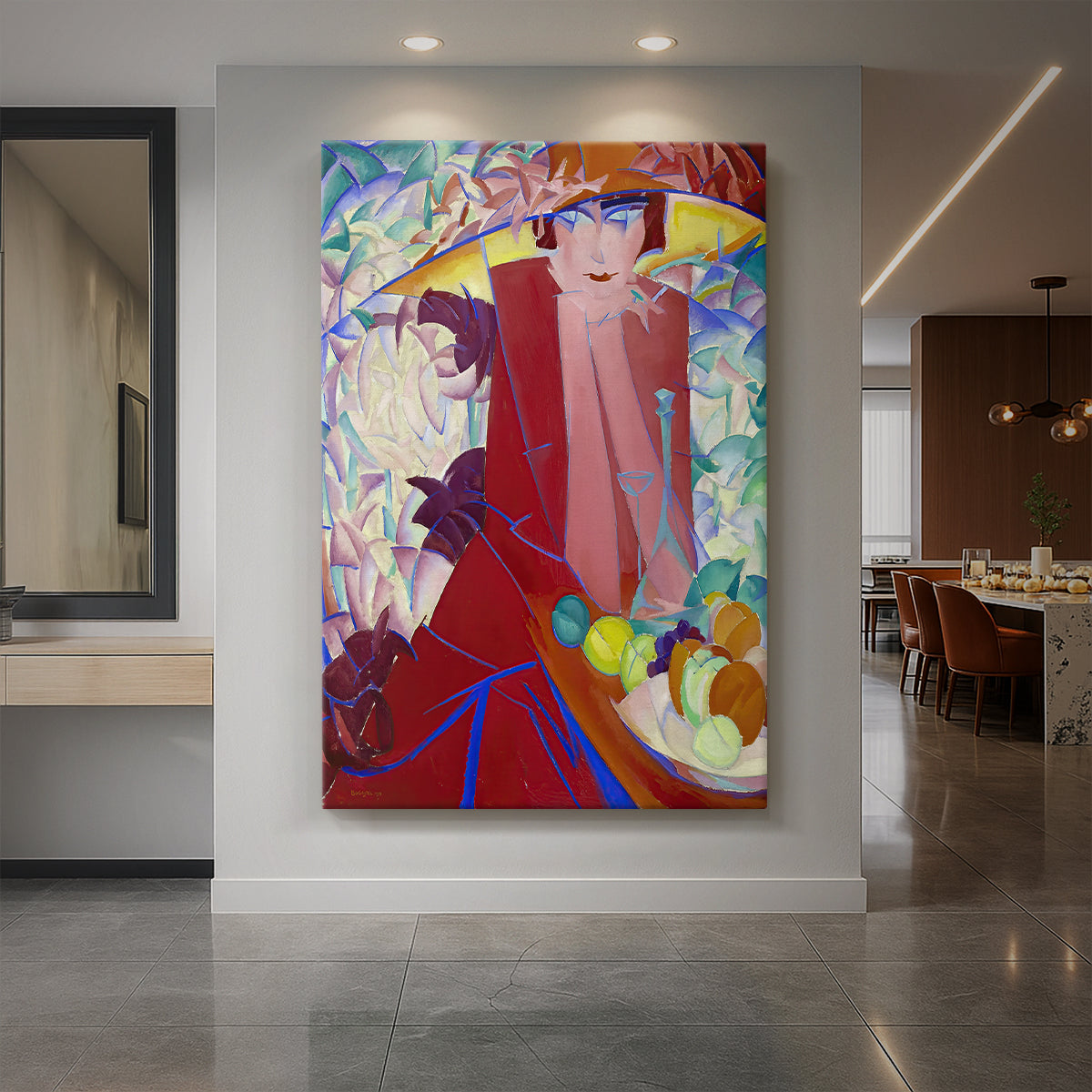 Canvas art print of an expressionist portrait of a seated woman with a large hat in a colorful interior displayed as a statement piece in a spacious interior.