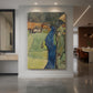 Canvas art print of an expressionist cityscape with clustered buildings along a winding river displayed as a statement piece in a spacious interior.