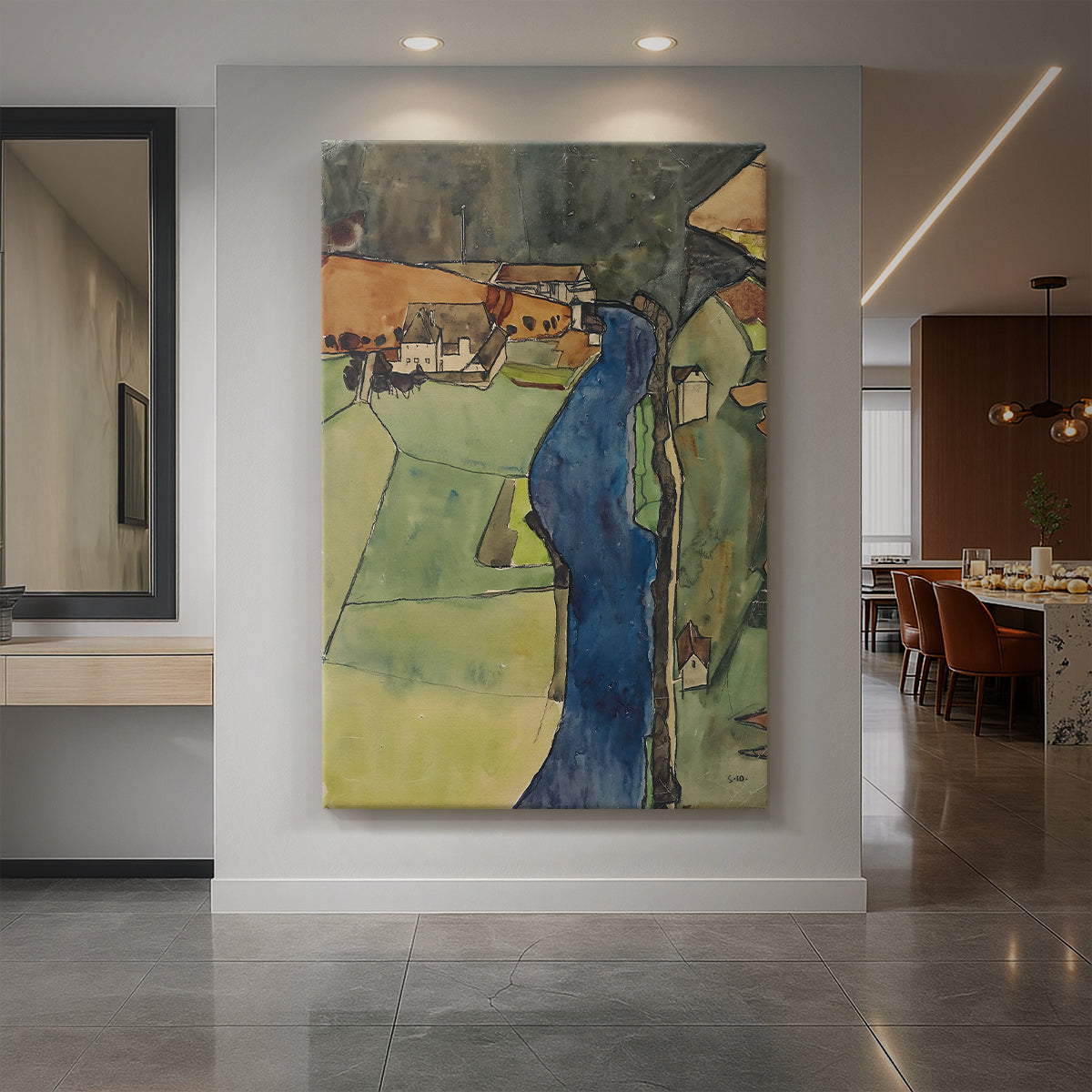 Canvas art print of an expressionist cityscape with clustered buildings along a winding river displayed as a statement piece in a spacious interior.