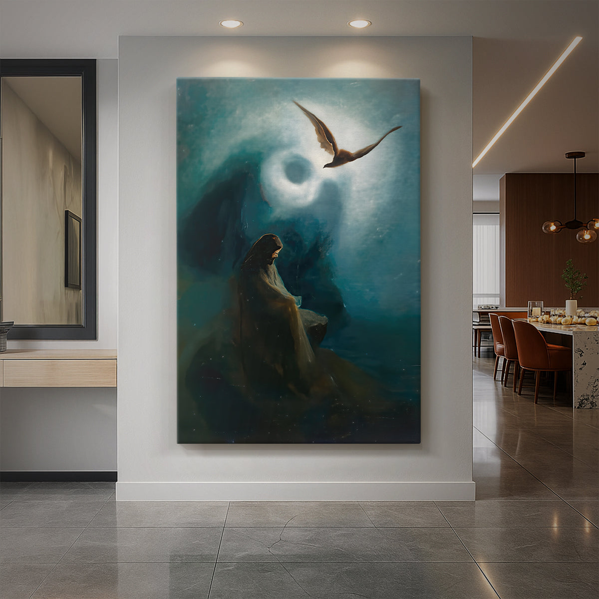 Canvas art print of a symbolic scene of a figure suspended against a glowing sky displayed as a statement piece in a spacious interior.