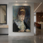 Canvas art print of an impressionist portrait of a young woman crocheting with soft tones displayed as a statement piece in a spacious interior.