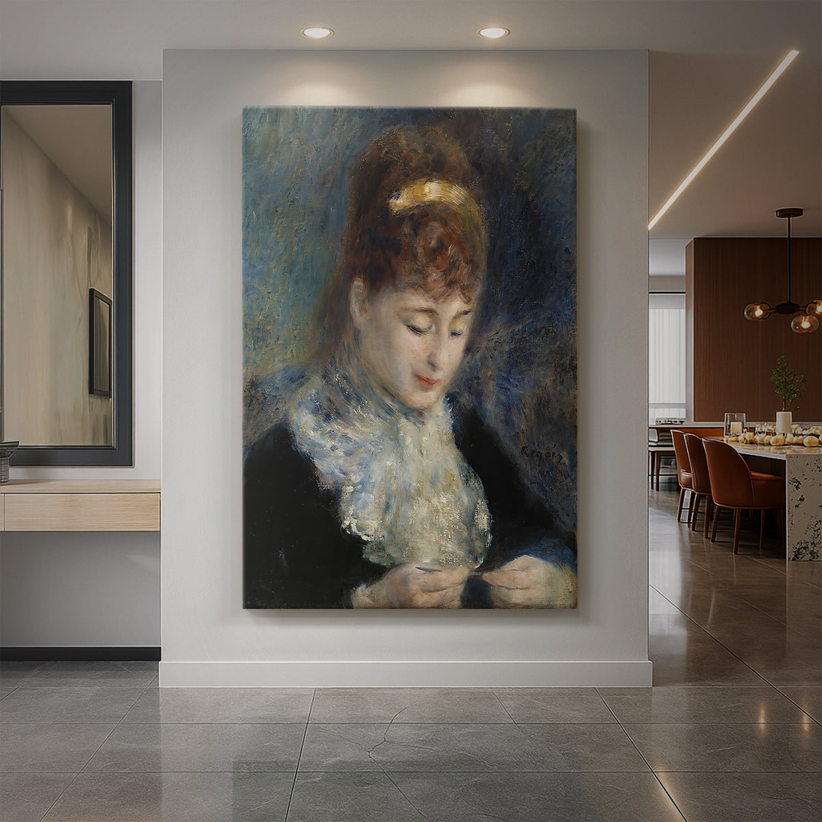 Canvas art print of an impressionist portrait of a young woman crocheting with soft tones displayed as a statement piece in a spacious interior.