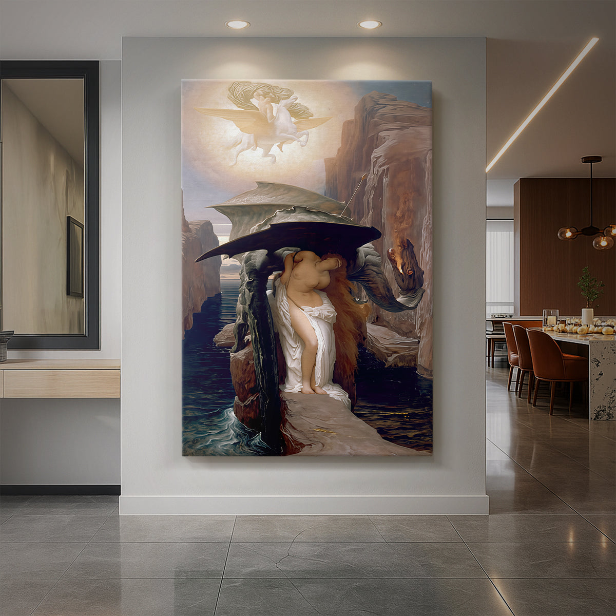 Canvas art print of a classical scene of Perseus rescuing Andromeda near the sea displayed as a statement piece in a spacious interior.