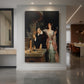 Canvas art print of an interior scene of figures gathered around a table in a dimly lit laboratory displayed as a statement piece in a spacious interior.