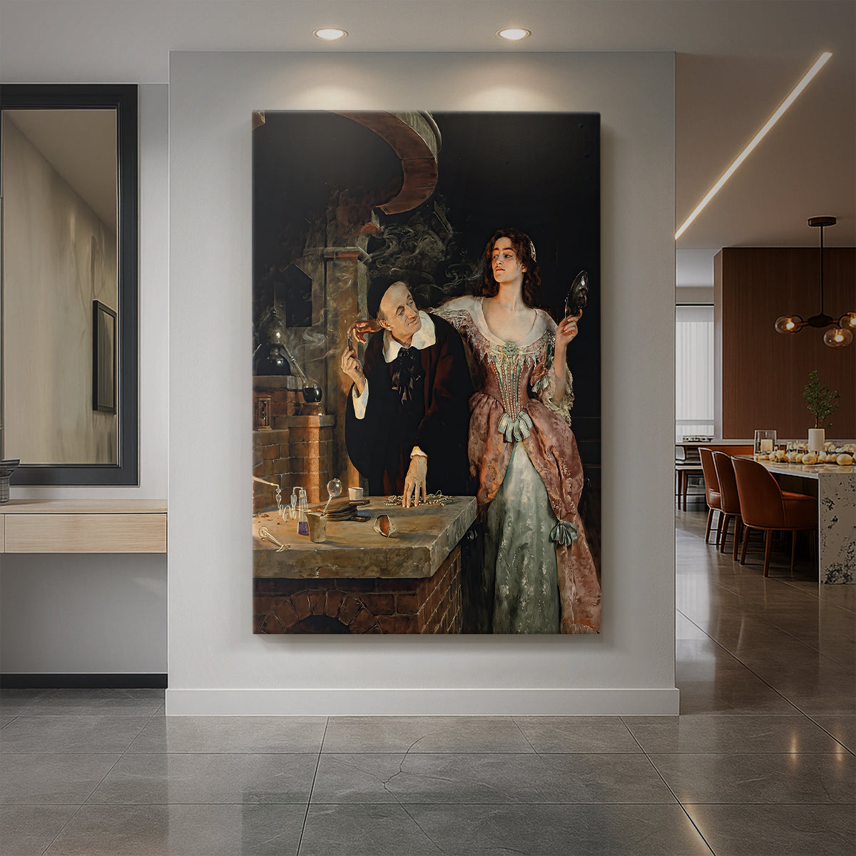 Canvas art print of an interior scene of figures gathered around a table in a dimly lit laboratory displayed as a statement piece in a spacious interior.