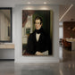 Canvas art print of a realistic portrait of a man in dark attire with soft luminist light displayed as a statement piece in a spacious interior.