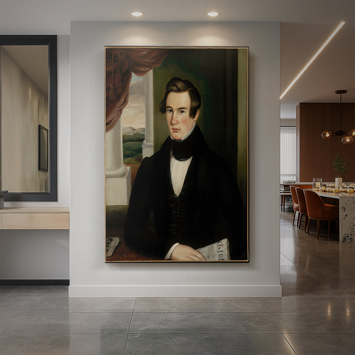 Canvas art print of a realistic portrait of a man in dark attire with soft luminist light displayed as a statement piece in a spacious interior.
