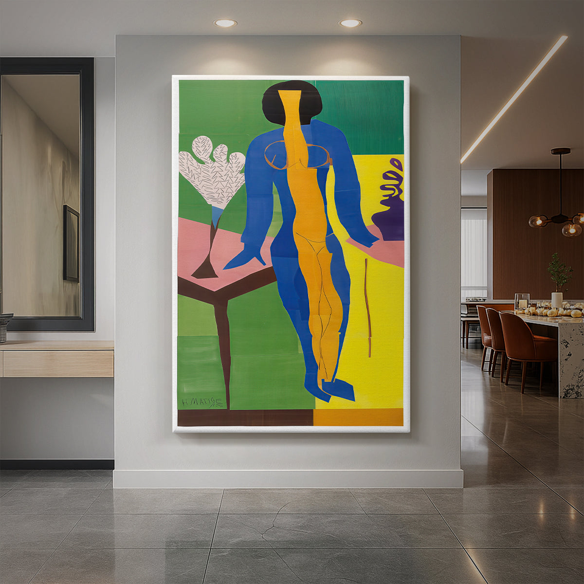 Canvas art print of an abstract portrait of a figure in bold shapes and expressive color displayed as a statement piece in a spacious interior.