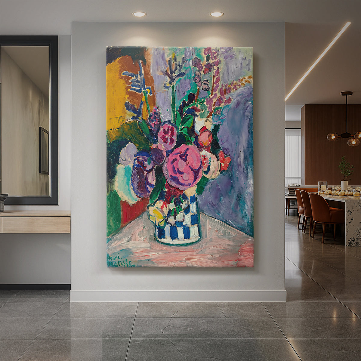 Canvas art print of a fauvist still life of peonies in a vase with rich color and loose brushwork displayed as a statement piece in a spacious interior.