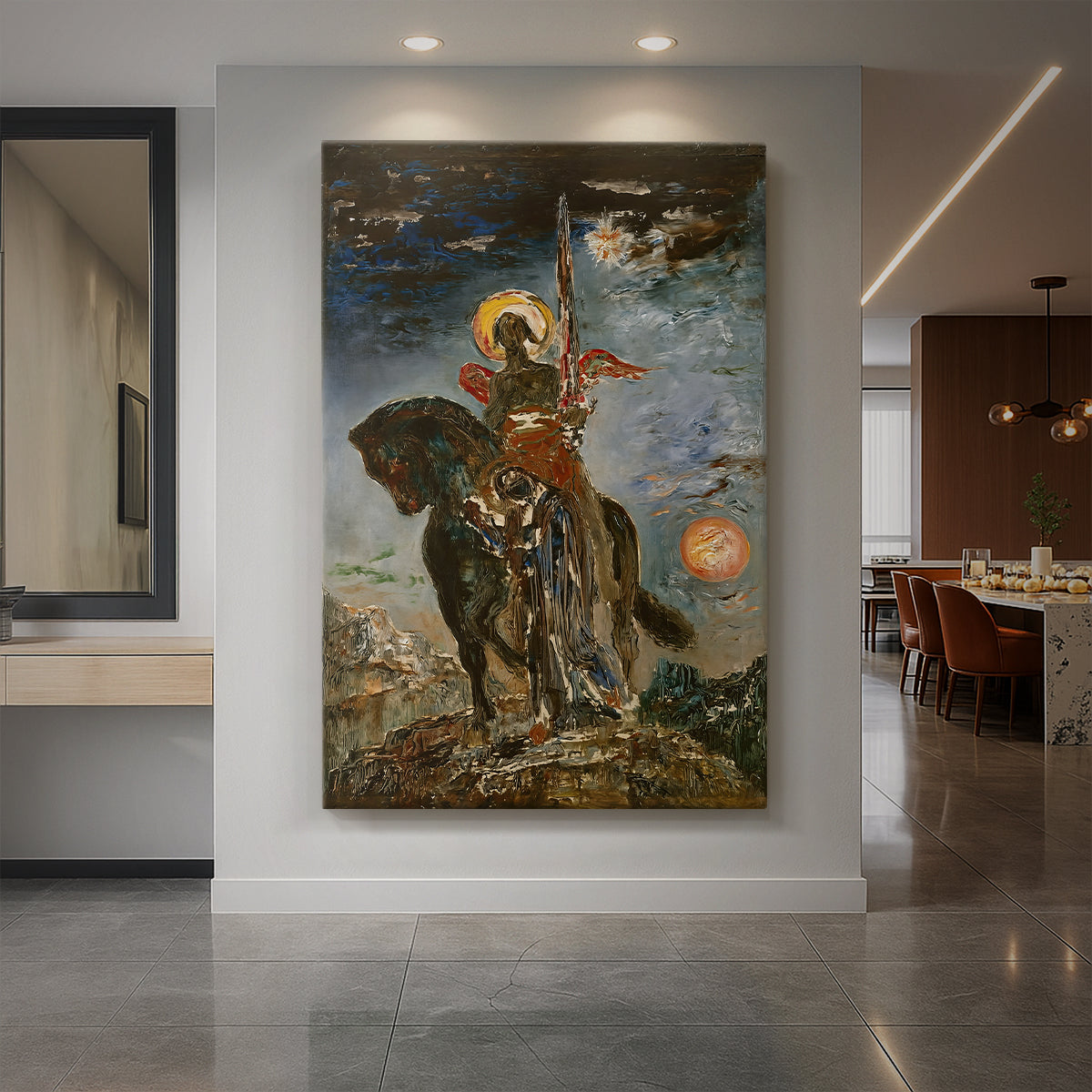 Canvas art print of a symbolic scene of two figures representing fate and death in a dark setting displayed as a statement piece in a spacious interior.