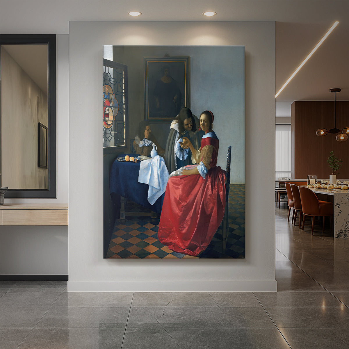 Canvas art print of a Baroque interior of a seated woman holding a wine glass in soft light displayed as a statement piece in a spacious interior.
