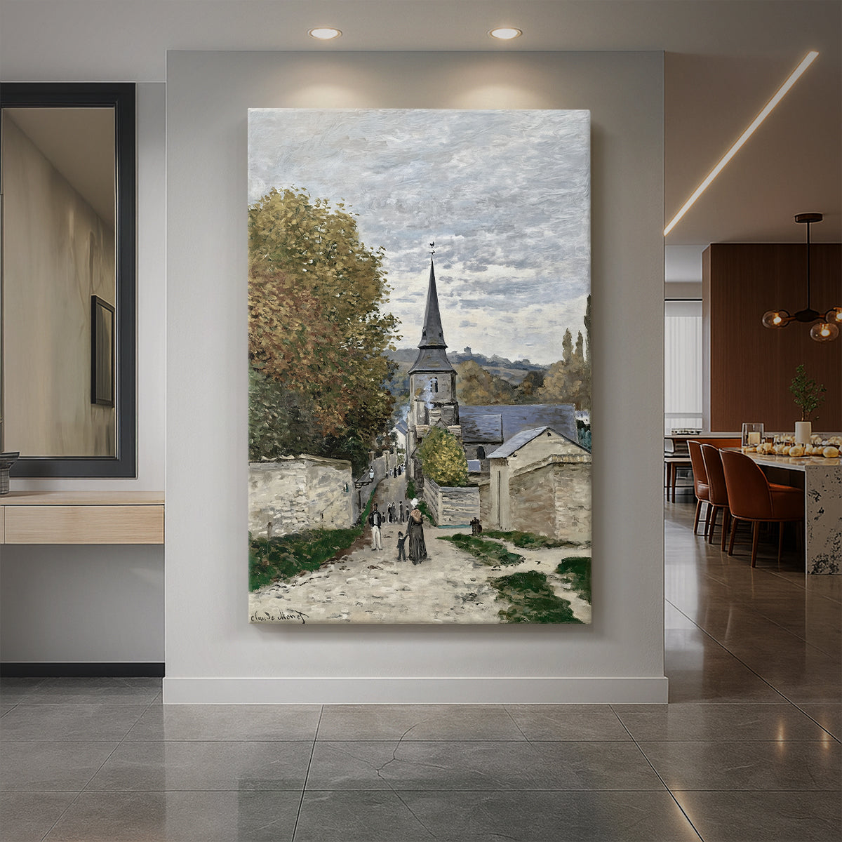 Canvas art print of an impressionist street scene with houses and figures under soft daylight displayed as a statement piece in a spacious interior.