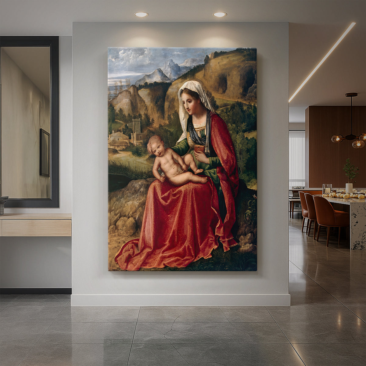 Canvas art print of a Renaissance scene of the Madonna and child set within a natural landscape displayed as a statement piece in a spacious interior.