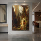 Canvas art print of a symbolic scene of a female figure in a dramatic natural setting with warm tones displayed as a statement piece in a spacious interior.