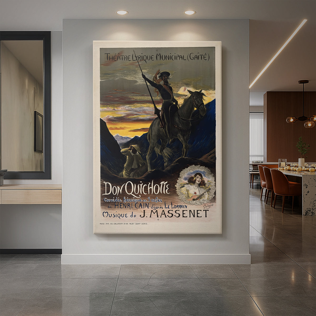 Canvas art print of an Art Nouveau poster of a mounted figure with bold lines and decorative text displayed as a statement piece in a spacious interior.