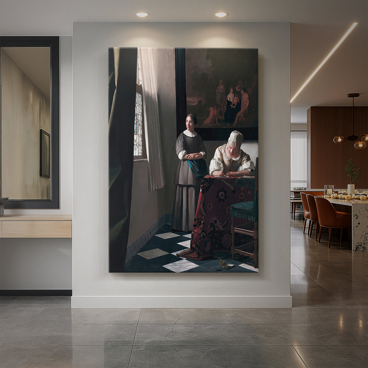 Canvas art print of a Baroque interior of a woman writing a letter with a maid nearby displayed as a statement piece in a spacious interior.