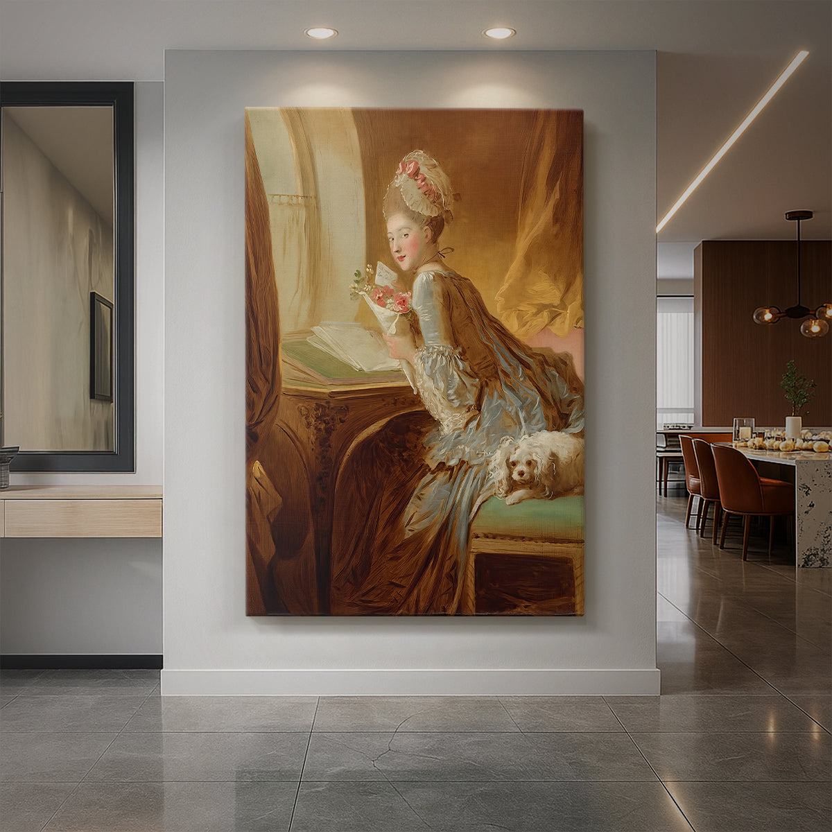 Canvas art print of a Rococo scene of a woman holding a letter in a softly lit interior displayed as a statement piece in a spacious interior.