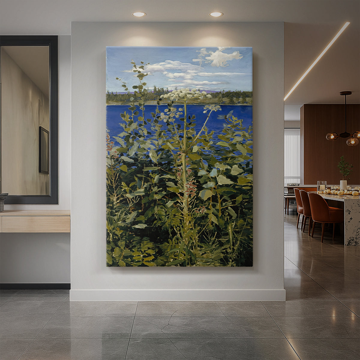 Canvas art print of a natural landscape with tall wild angelica plants and delicate white blooms displayed as a statement piece in a spacious interior.