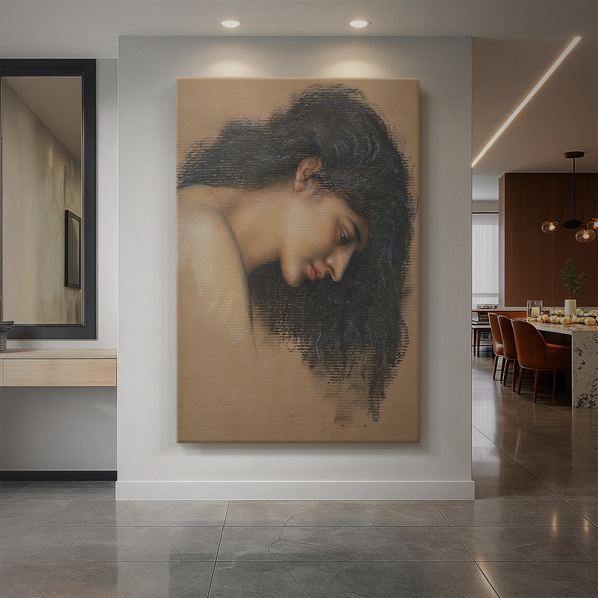 Canvas art print of a symbolic study of a female head with soft features and muted tones displayed as a statement piece in a spacious interior.