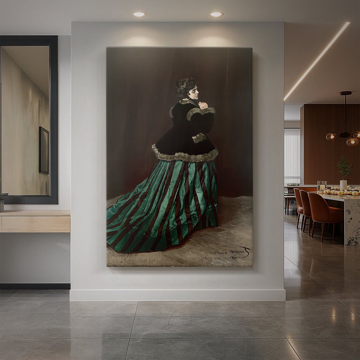 Canvas art print of an impressionist portrait of a woman in a green dress with rich flowing fabric displayed as a statement piece in a spacious interior.