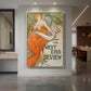 Canvas art print of an Art Nouveau poster of a woman with ornate details and publication typography displayed as a statement piece in a spacious interior.