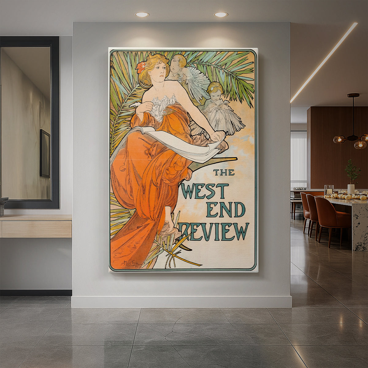Canvas art print of an Art Nouveau poster of a woman with ornate details and publication typography displayed as a statement piece in a spacious interior.