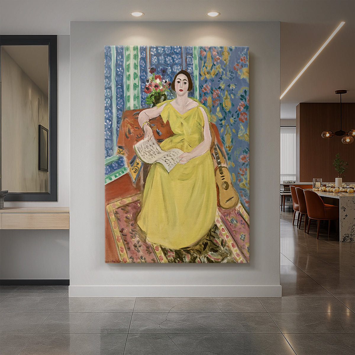 Canvas art print of a fauvist portrait of a seated woman in a yellow dress with bold color contrast displayed as a statement piece in a spacious interior.