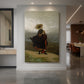 Canvas art print of a realistic portrait of a young woman standing in a muted outdoor setting displayed as a statement piece in a spacious interior.