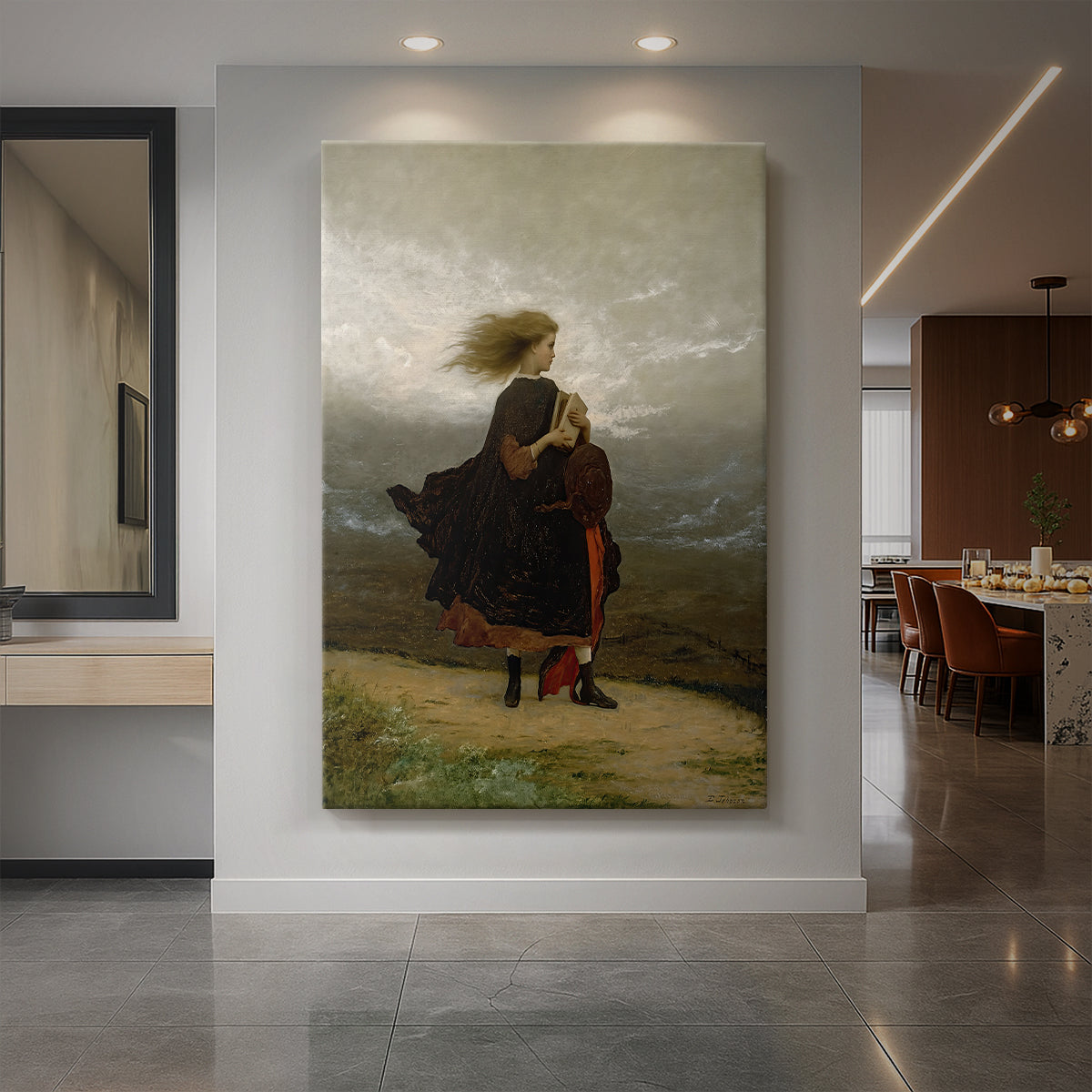 Canvas art print of a realistic portrait of a young woman standing in a muted outdoor setting displayed as a statement piece in a spacious interior.