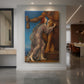 Canvas art print of a symbolic scene of figures gathered around a central figure representing wealth displayed as a statement piece in a spacious interior.