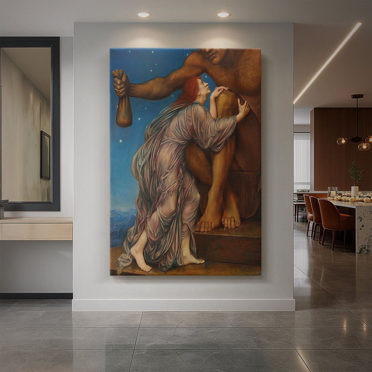 Canvas art print of a symbolic scene of figures gathered around a central figure representing wealth displayed as a statement piece in a spacious interior.