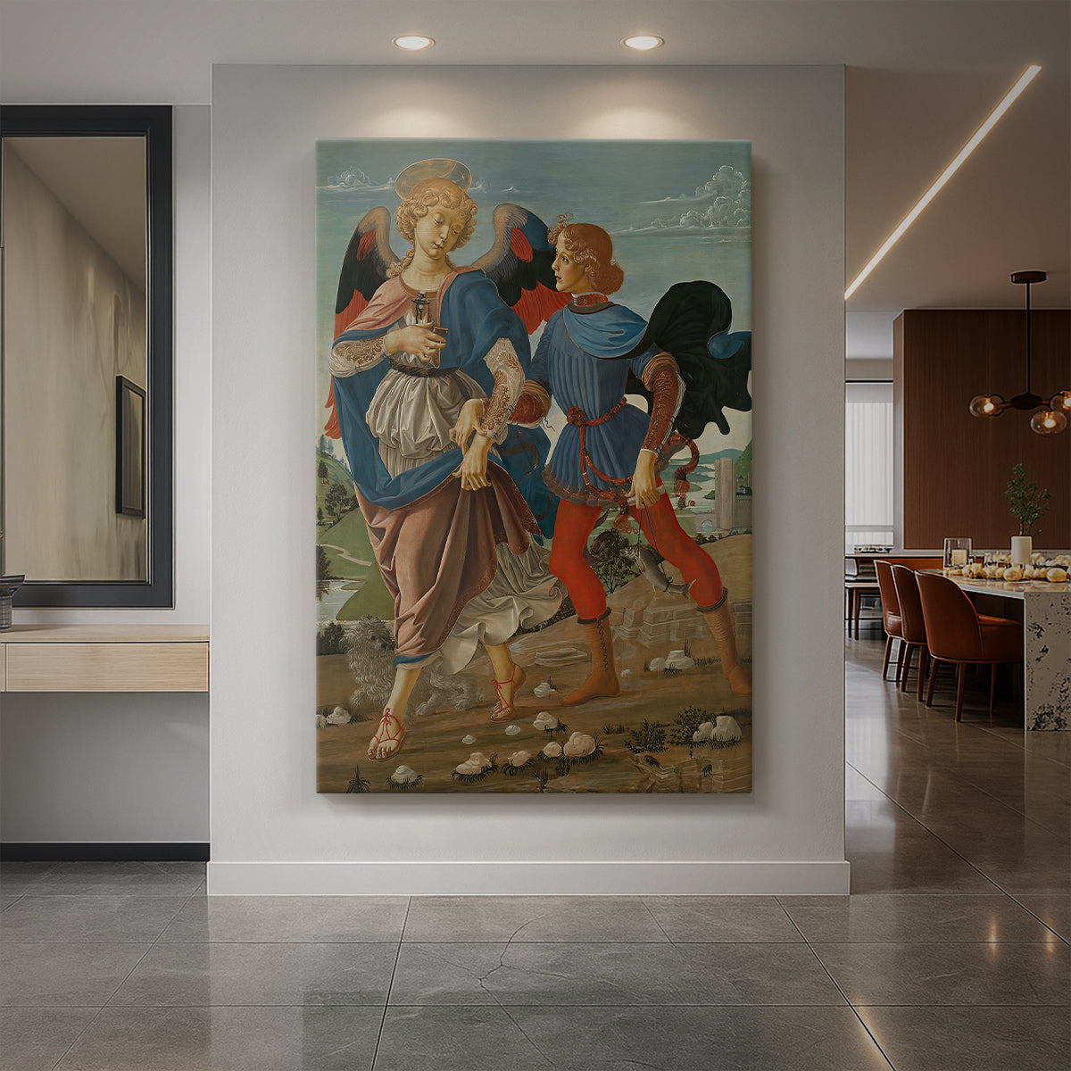 Canvas art print of a Renaissance scene of two figures walking with an angel in soft landscape displayed as a statement piece in a spacious interior.