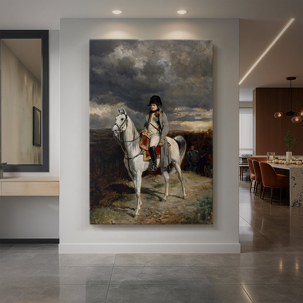 Canvas art print of a realistic portrait of Napoleon on horseback in a muted landscape displayed as a statement piece in a spacious interior.