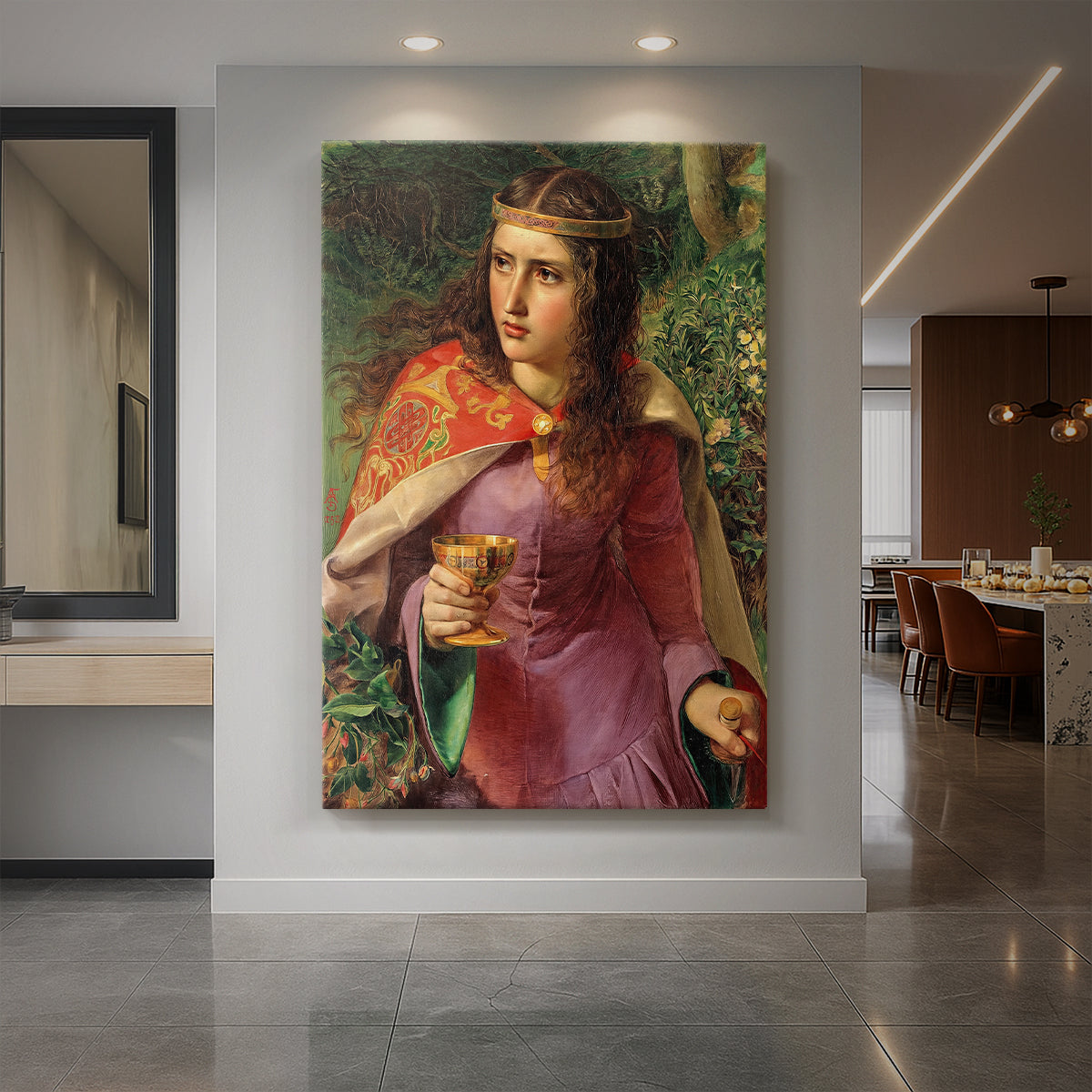 Canvas art print of a Romantic portrait of a queen in elaborate attire with rich color displayed as a statement piece in a spacious interior.