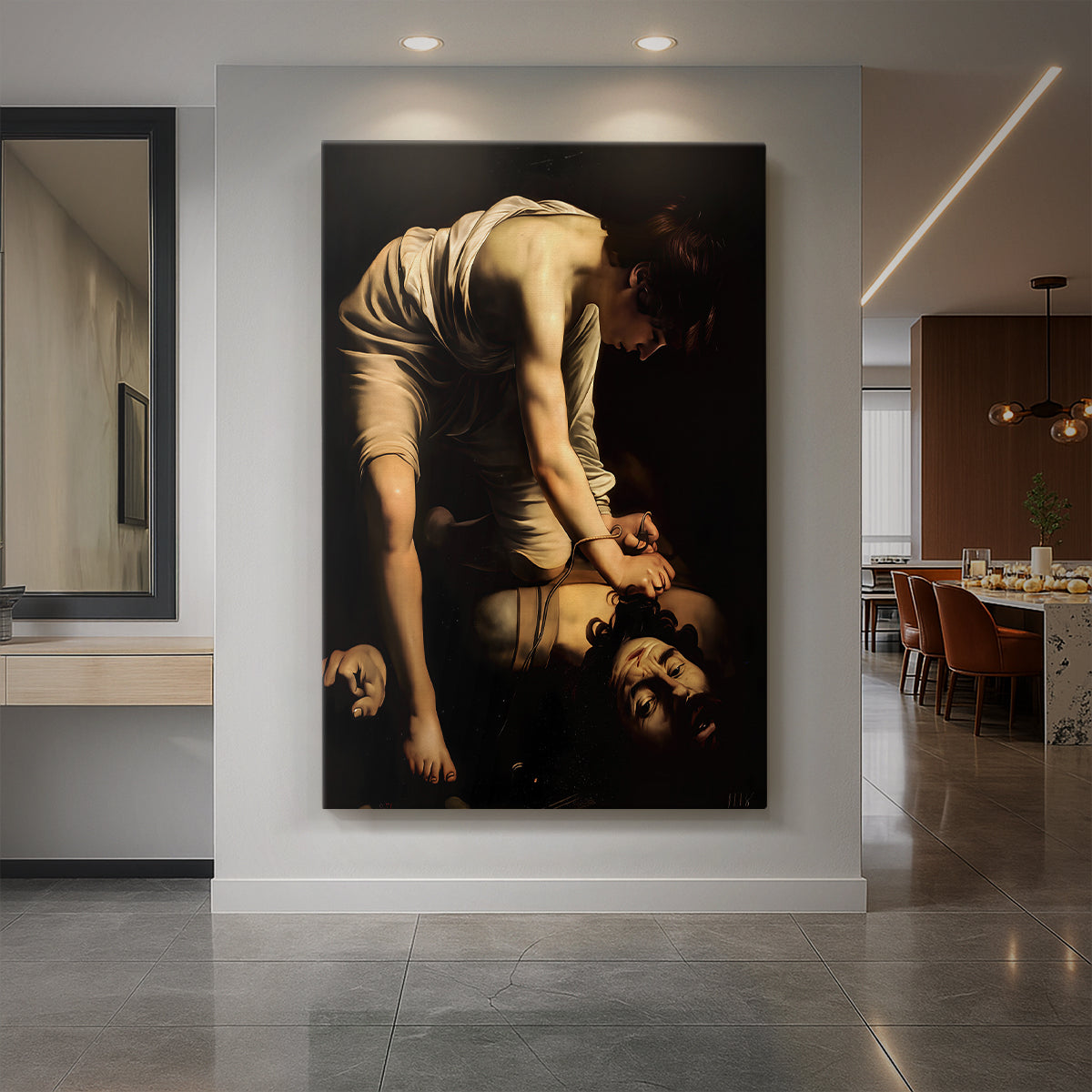 Canvas art print of a Baroque scene of David holding Goliath's head in dramatic shadow displayed as a statement piece in a spacious interior.