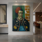 Canvas art print of an expressive portrait of a soldier in uniform with bold color and texture displayed as a statement piece in a spacious interior.