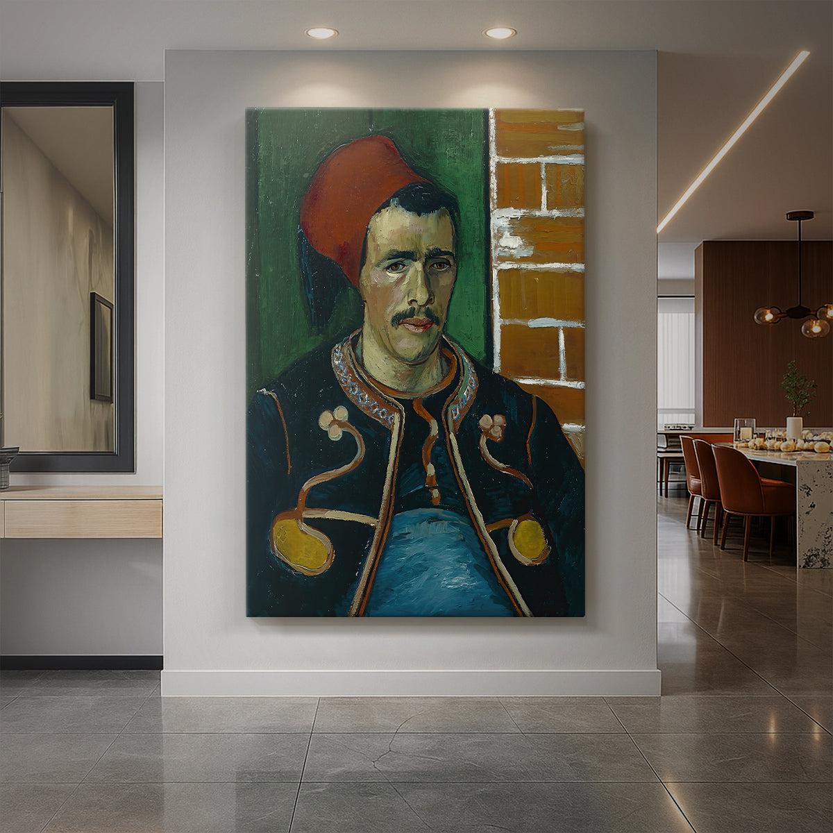 Canvas art print of an expressive portrait of a soldier in uniform with bold color and texture displayed as a statement piece in a spacious interior.