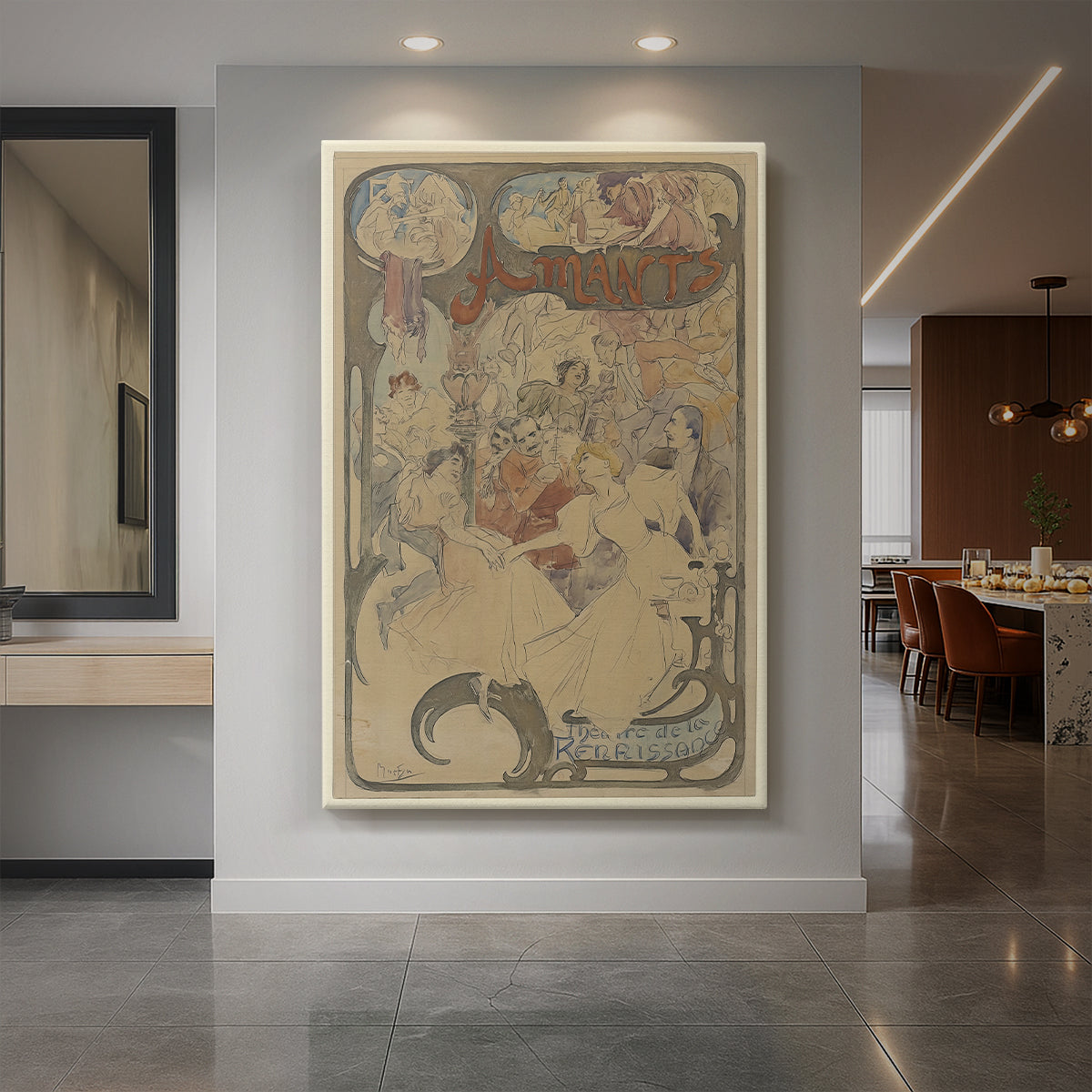 Canvas art print of an Art Nouveau illustration of a couple embracing with soft colors and ornate details displayed as a statement piece in a spacious interior.
