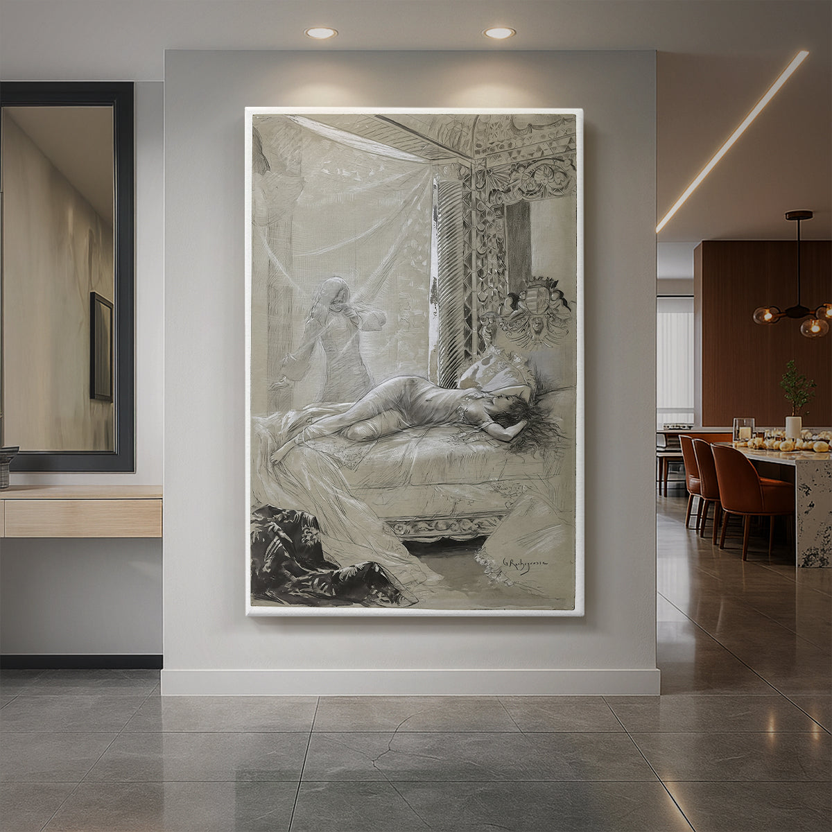 Canvas art print of an Art Nouveau interior scene of a woman reclining in a private alcove displayed as a statement piece in a spacious interior.