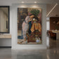 Canvas art print of a Romantic scene of a woman holding a pot in a detailed interior displayed as a statement piece in a spacious interior.